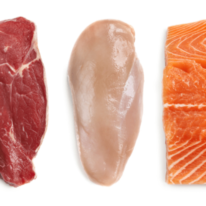 protein sources for weight loss: raw beef, chicken, and salmon